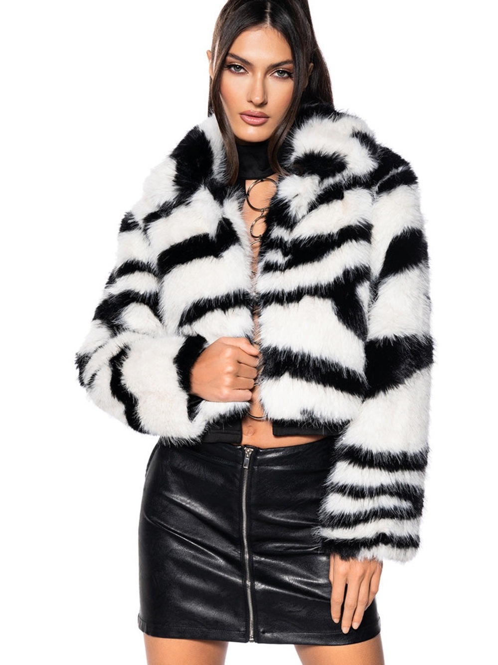 AKIRA Black & White Faux Fur Striped Jacket - Women's Cozy Statement Coat - Picture 3 of 3